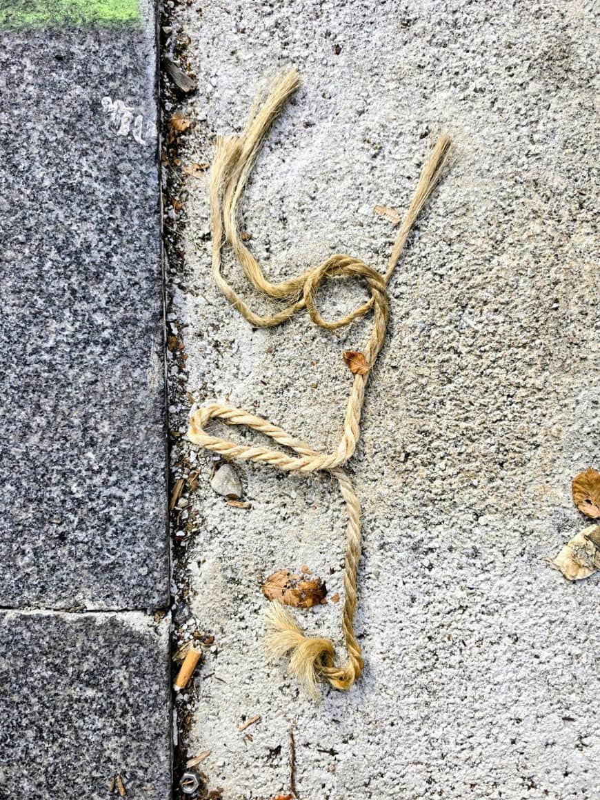 Corde de fibres végétales rompue et nouée, dessinant une ligne sinueuse sur un sol minéral