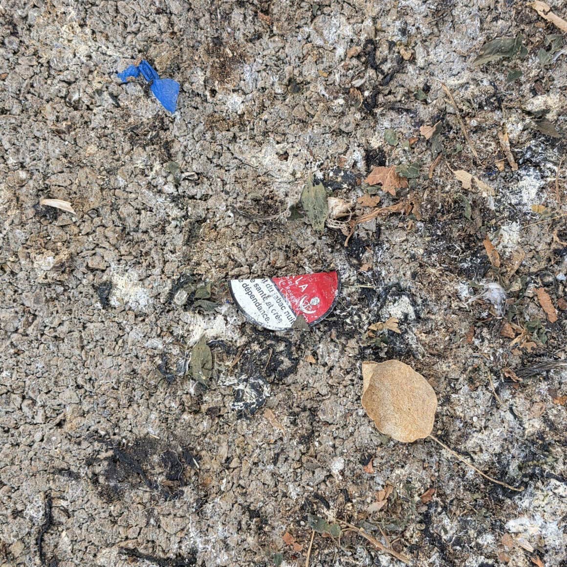Fragment circulaire rouge et blanc portant le mot dépendance parmi des feuilles, fibres et dépôts sur un sol rugueux