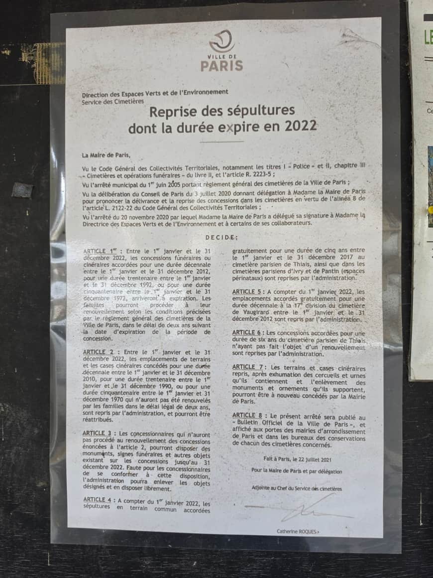 Avis de la Ville de Paris concernant la reprise des sépultures dont la durée expire en 2022