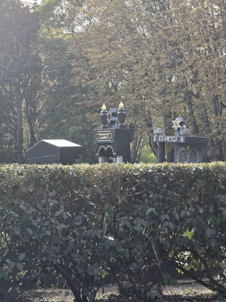 Monuments funéraires noirs ornés d’étoiles de David, de caractères hébraïques et de colombes, vus derrière une haie