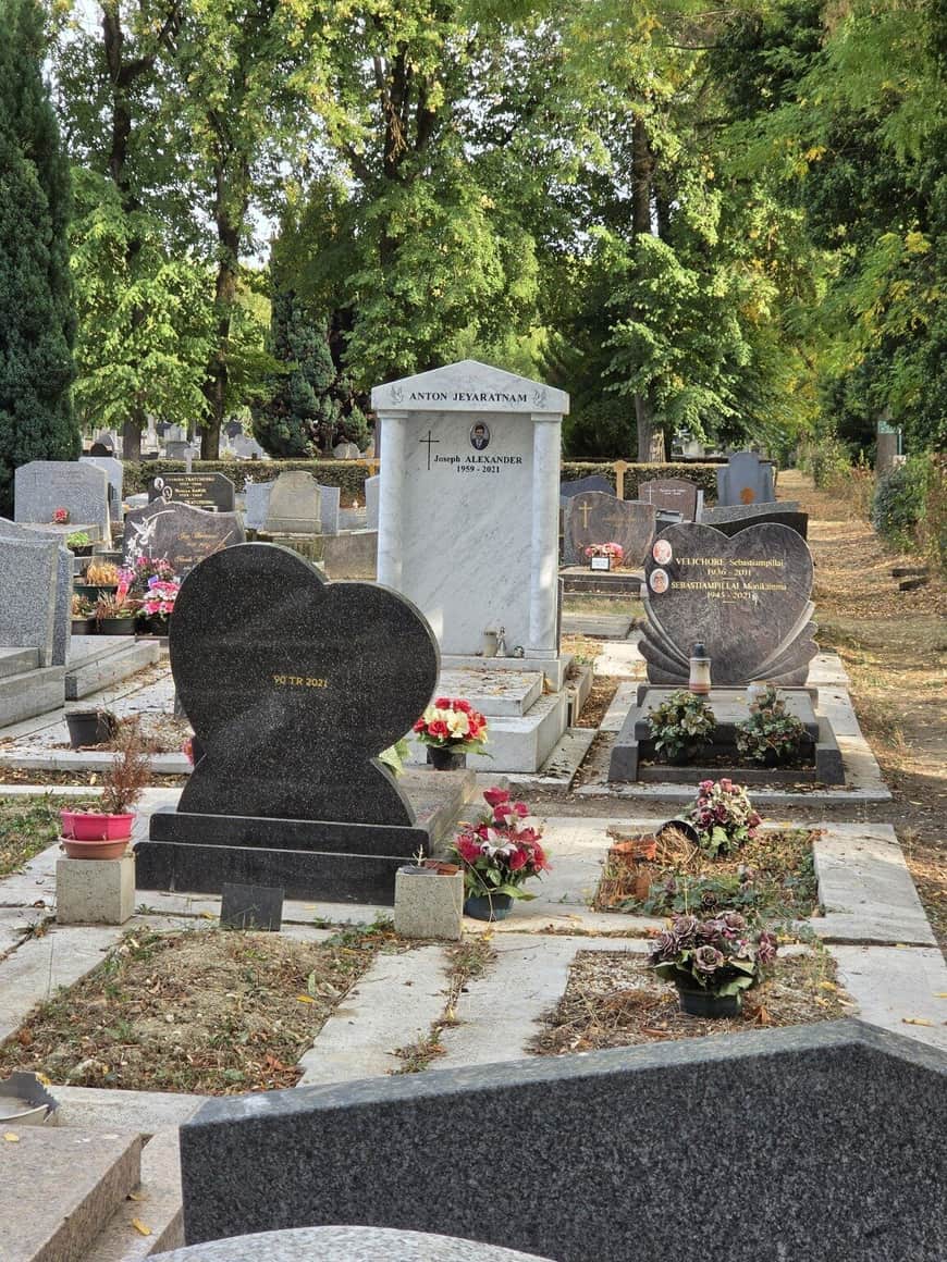 Vue d’une allée de cimetière bordée de monuments funéraires en forme de cœur et d’une tombe blanche