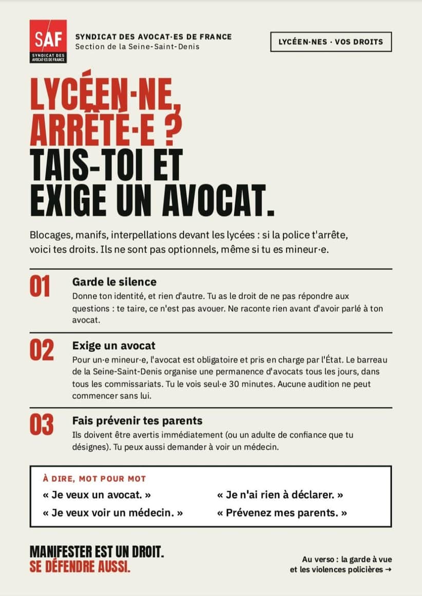 Fiche du Syndicat des avocat·es de France sur les droits des lycéens interpellés