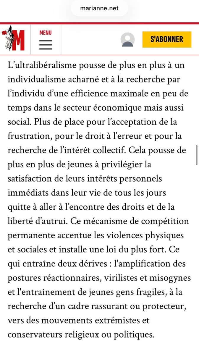 Capture d’un article de Marianne sur ultralibéralisme, individualisme et violence sociale