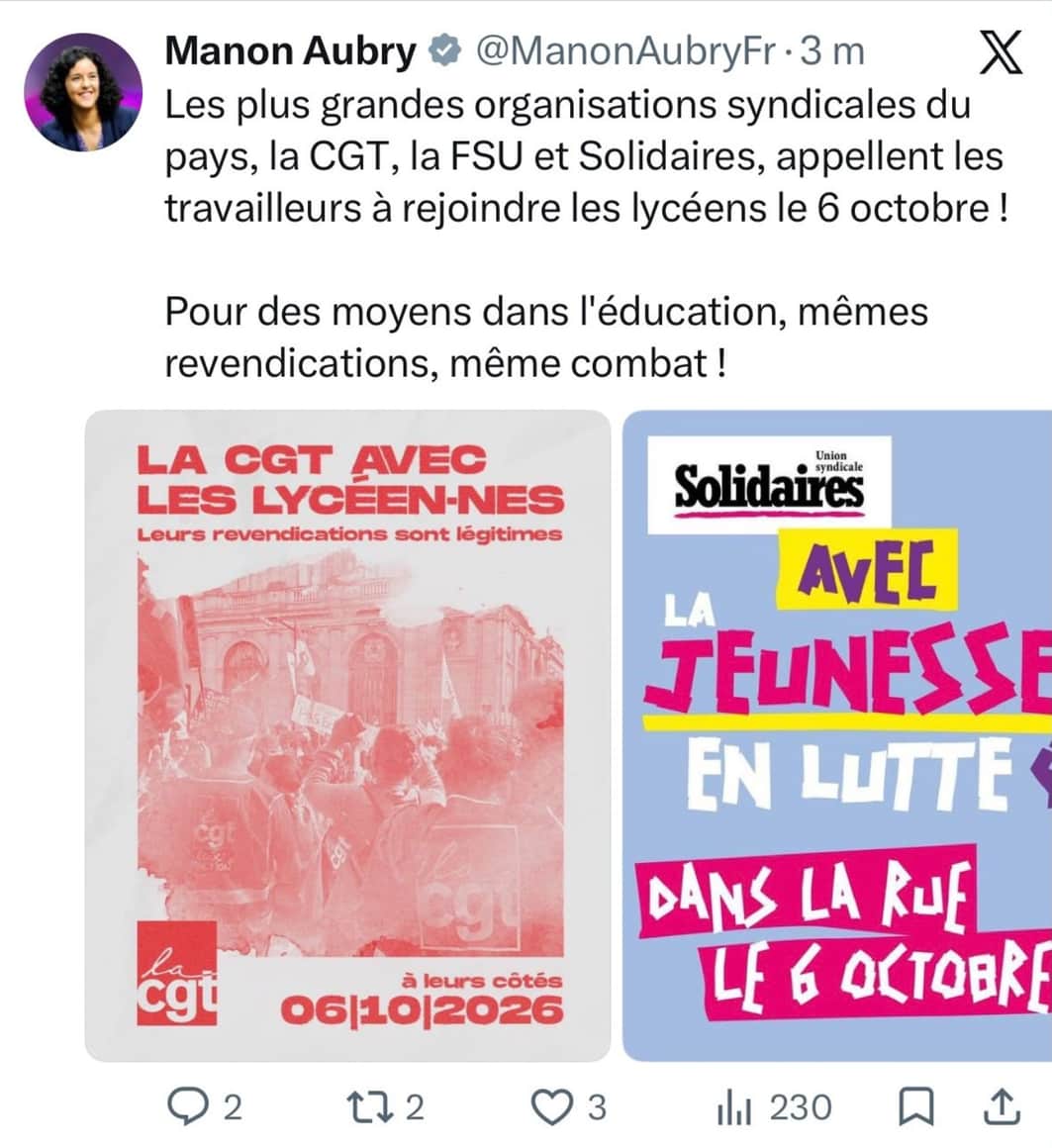 Capture d’une publication de Manon Aubry relayant un appel syndical pour le 6 octobre 2026