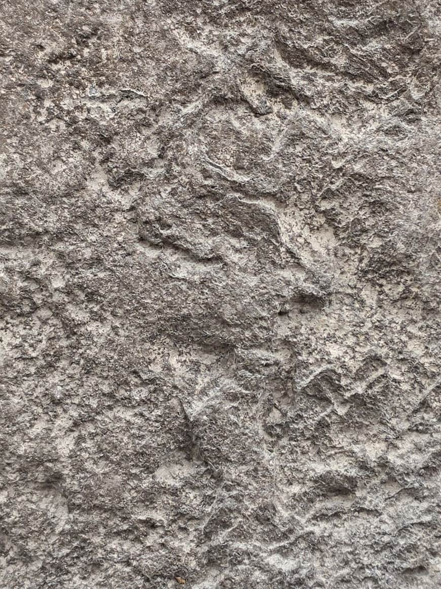 Très gros plan d’un enduit minéral gris et blanc à la surface fortement accidentée