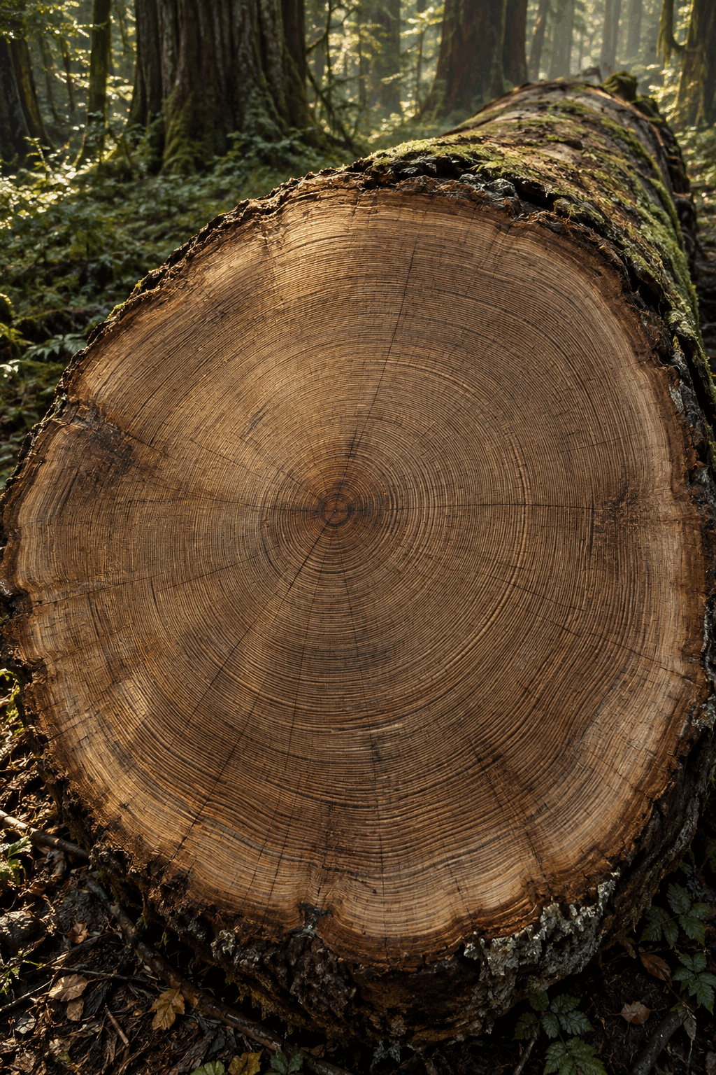 Image créée d’un immense tronc couché dont la coupe montre une très forte densité de cernes dans une forêt ancienne
