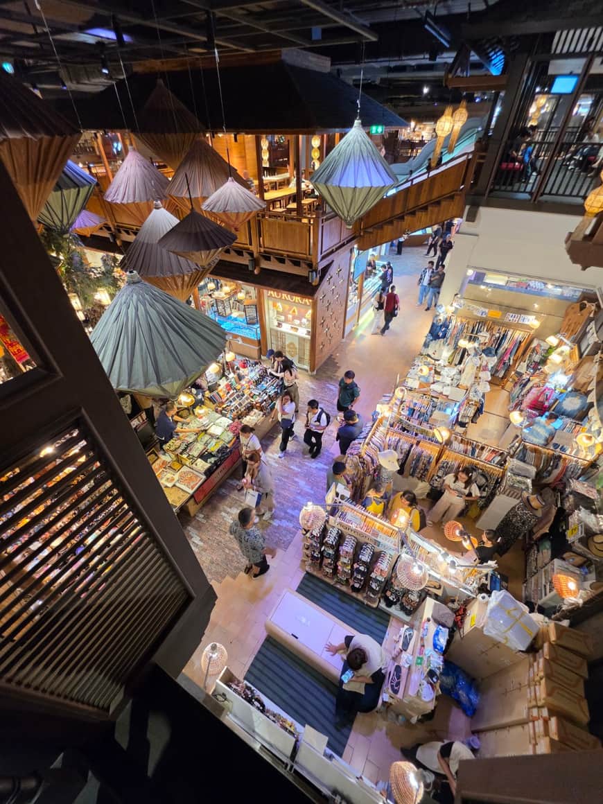 Atrium commercial vu d’en haut, avec des visiteurs et des boutiques.