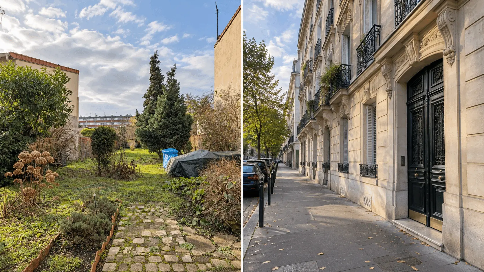 Diptyque météorologique réaliste : le jardin d’Aubervilliers vu depuis la maison et une façade de la rue de la Chaise à Paris, sous un ciel partiellement nuageux avec des éclaircies matinales.