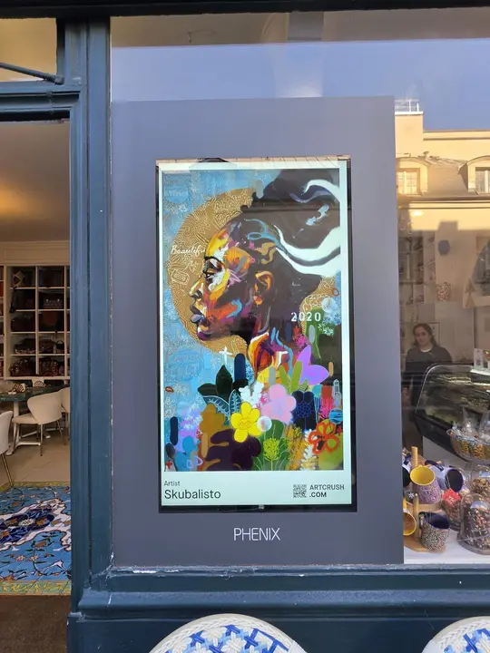 Affiche très colorée représentant un profil humain, présentée derrière la vitre d’un commerce et portant les mentions Skubalisto, Artcrush.com et Phénix