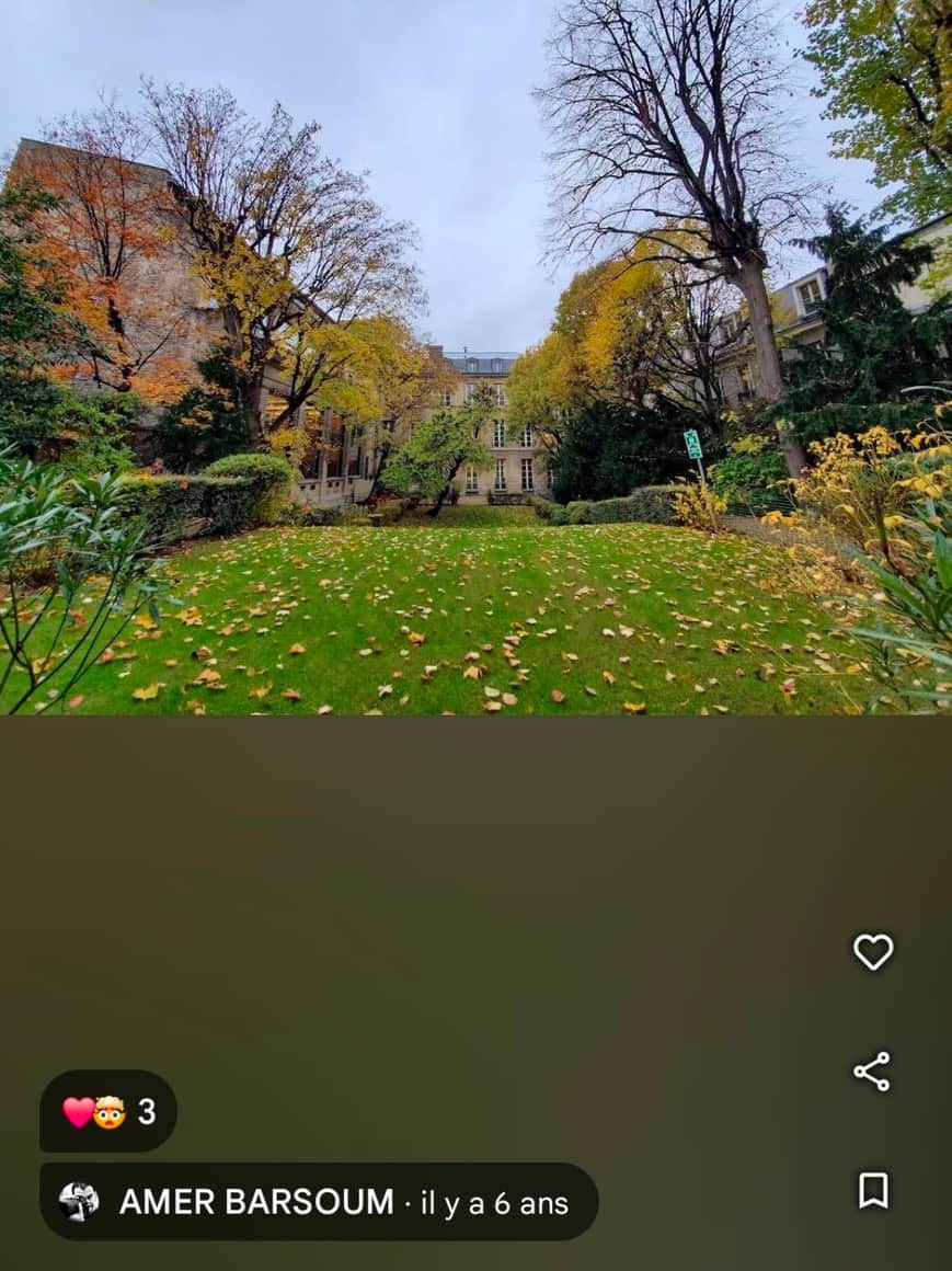 Capture verticale d’une publication sociale montrant un jardin urbain en automne, entouré de bâtiments et d’arbres adultes.