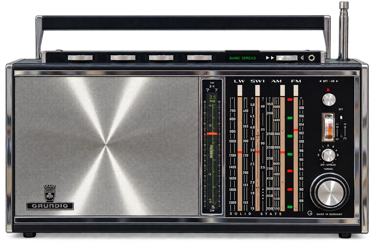 Poste Grundig Satellit 210, façade noire et aluminium, grande grille de haut-parleur à gauche, cadrans verticaux multibandes et molette d’accord à droite.